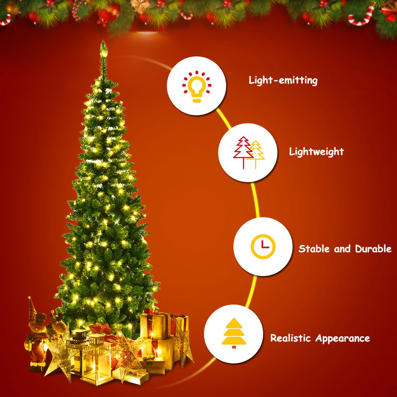 Costway 7.5ft Pre-Lit Hinged Pencil Christmas Tree 350 White Lights 6 Costway 7.5ft Pre-Lit Hinged Pencil Christmas Tree 350 White Lights - Image 4