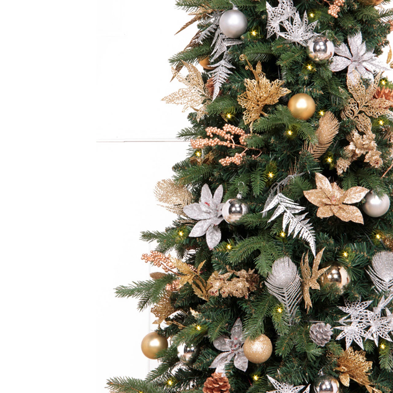 CC Christmas Decor 7.5' Pre-Lit Pre-Decorated Gold And Silver Artificial Christmas Tree – Clear LED Lights 4 CC Christmas Decor 7.5' Pre-Lit Pre-Decorated Gold And Silver Artificial Christmas Tree – Clear LED Lights - Image 2