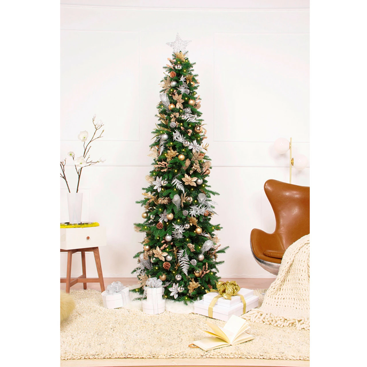 CC Christmas Decor 7.5' Pre-Lit Pre-Decorated Gold And Silver Artificial Christmas Tree – Clear LED Lights 7 CC Christmas Decor 7.5' Pre-Lit Pre-Decorated Gold And Silver Artificial Christmas Tree – Clear LED Lights - Image 5