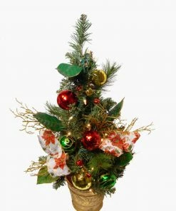Allstate 2' Poinsettia Ribbon And Ball Ornament Pre-Lit Decorated Christmas Tree - Clear Lights
