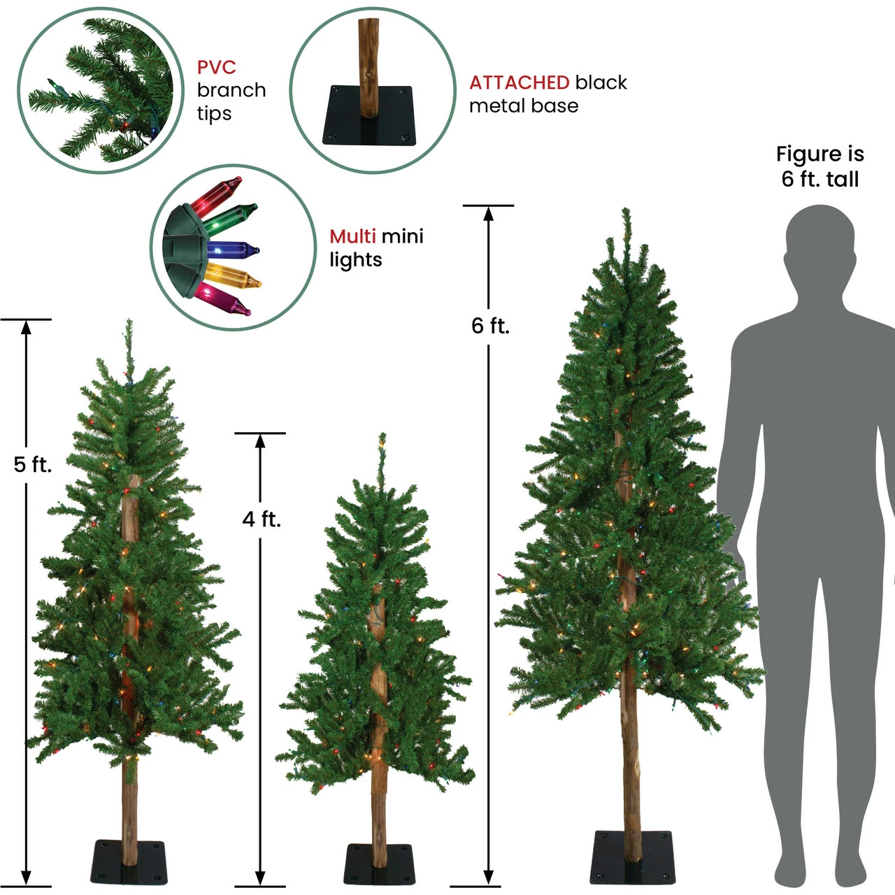 Northlight Set Of 3 Pre-Lit Slim Alpine Artificial Christmas Trees 6' - Multi Lights 4 Northlight Set Of 3 Pre-Lit Slim Alpine Artificial Christmas Trees 6' - Multi Lights - Image 2