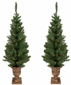 Northlight Set Of 2 Pre-Lit Potted Porch Pine Topiary Slim Artificial Christmas Trees 4' - Clear Lights