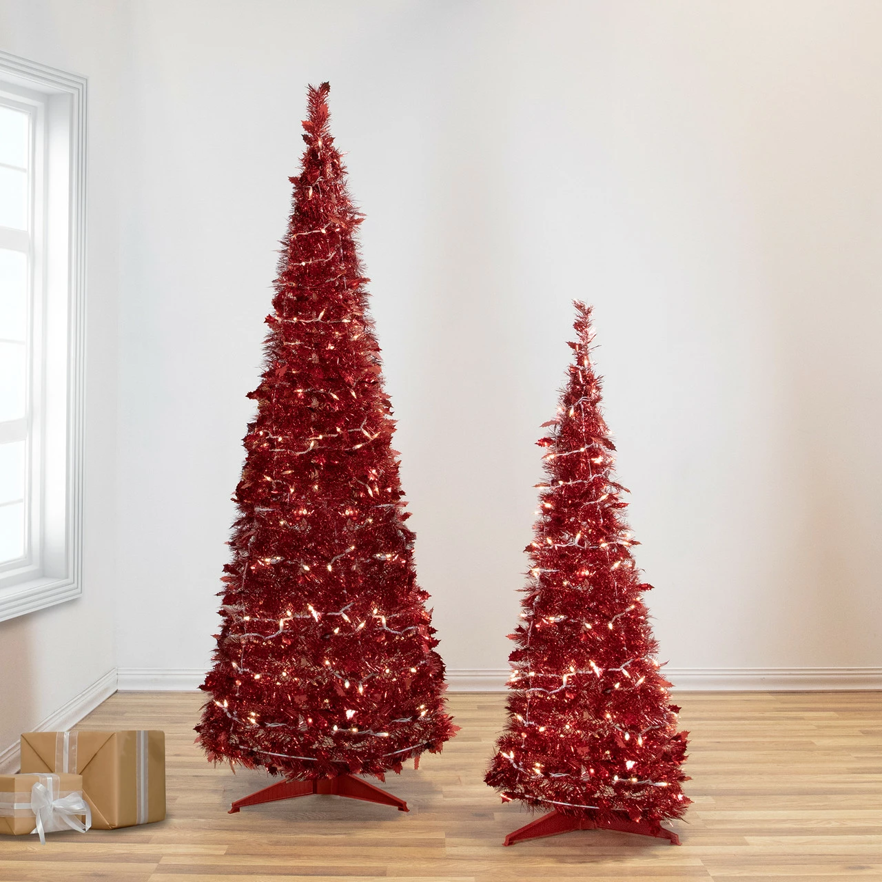 Northlight 4' Pre-Lit Red Tinsel Pop-Up Artificial Christmas Tree, Clear Lights 4 Northlight 4' Pre-Lit Red Tinsel Pop-Up Artificial Christmas Tree, Clear Lights - Image 2