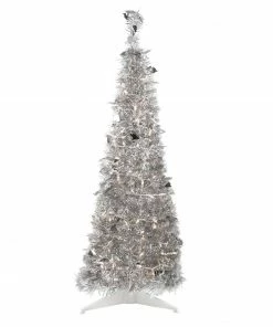 Northlight 4' Pre-Lit Silver Tinsel Pop-Up Artificial Christmas Tree, Clear Lights