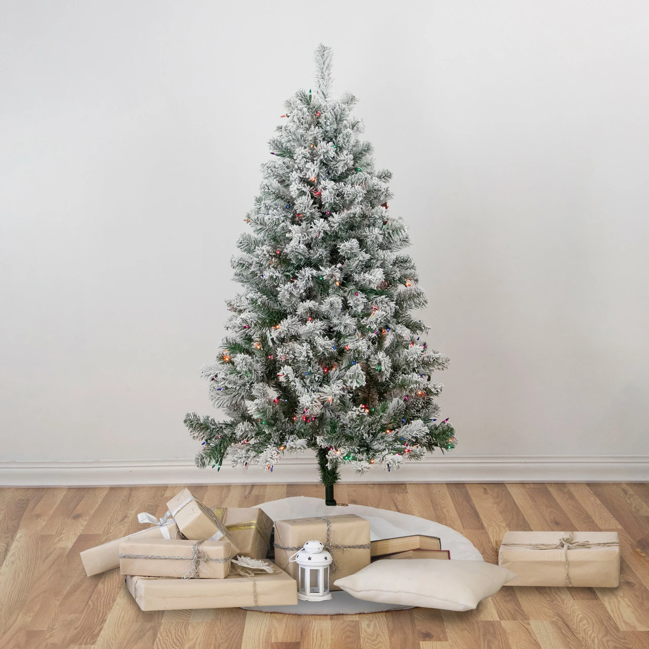 Northlight 4.5' Pre-Lit Flocked Madison Pine Artificial Christmas Tree, Multi Lights 4 Northlight 4.5' Pre-Lit Flocked Madison Pine Artificial Christmas Tree, Multi Lights - Image 2