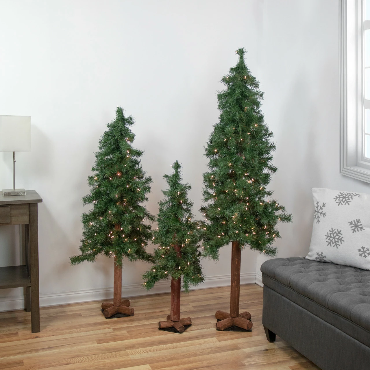 Northlight Set Of 3 Pre-Lit Woodland Alpine Artificial Christmas Trees 5' - Clear Lights 3 Northlight Set Of 3 Pre-Lit Woodland Alpine Artificial Christmas Trees 5' - Clear Lights - Image 2